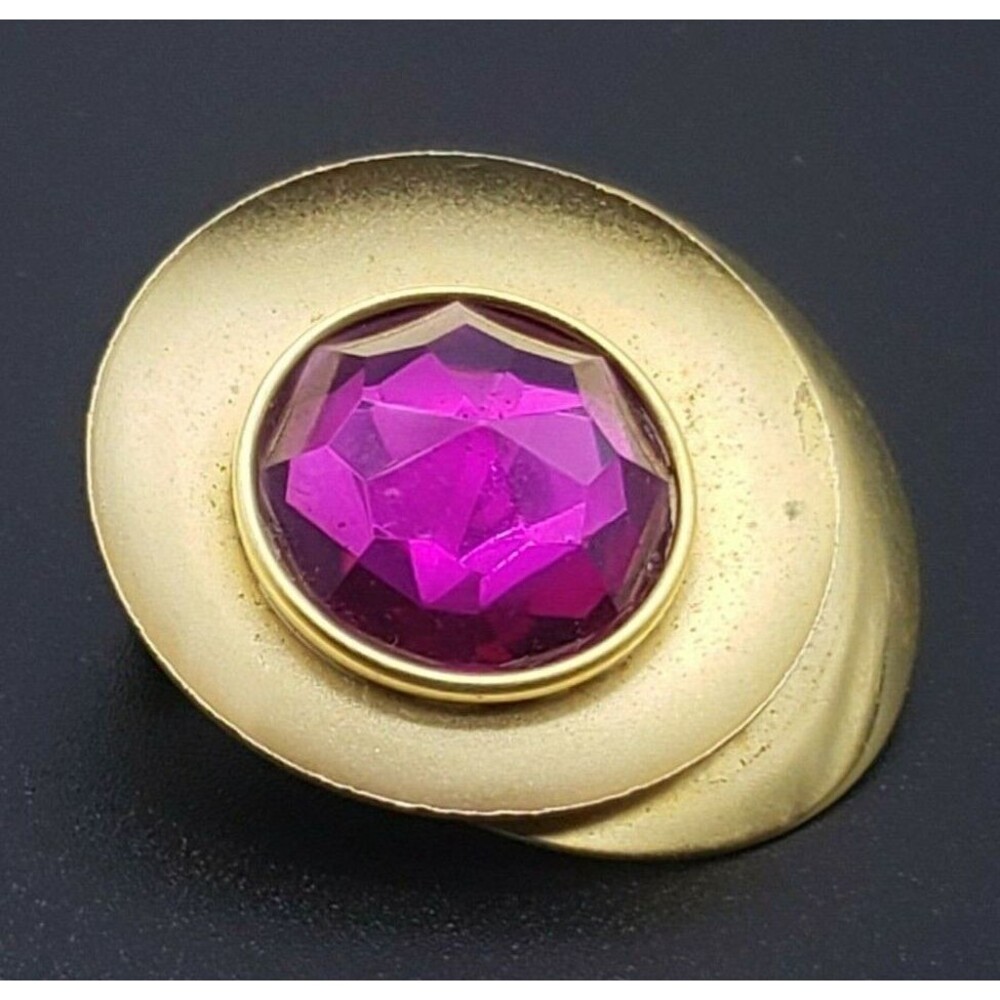 Purple Pink Sparkly Rhinestone Brooch Pin Gold Tone Layered Vintage Unique!
